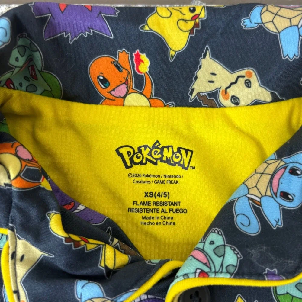 Pokemon Pajama Shirt Kids XS 4/5 Black Pikachu Gengar Sleep Top K294606